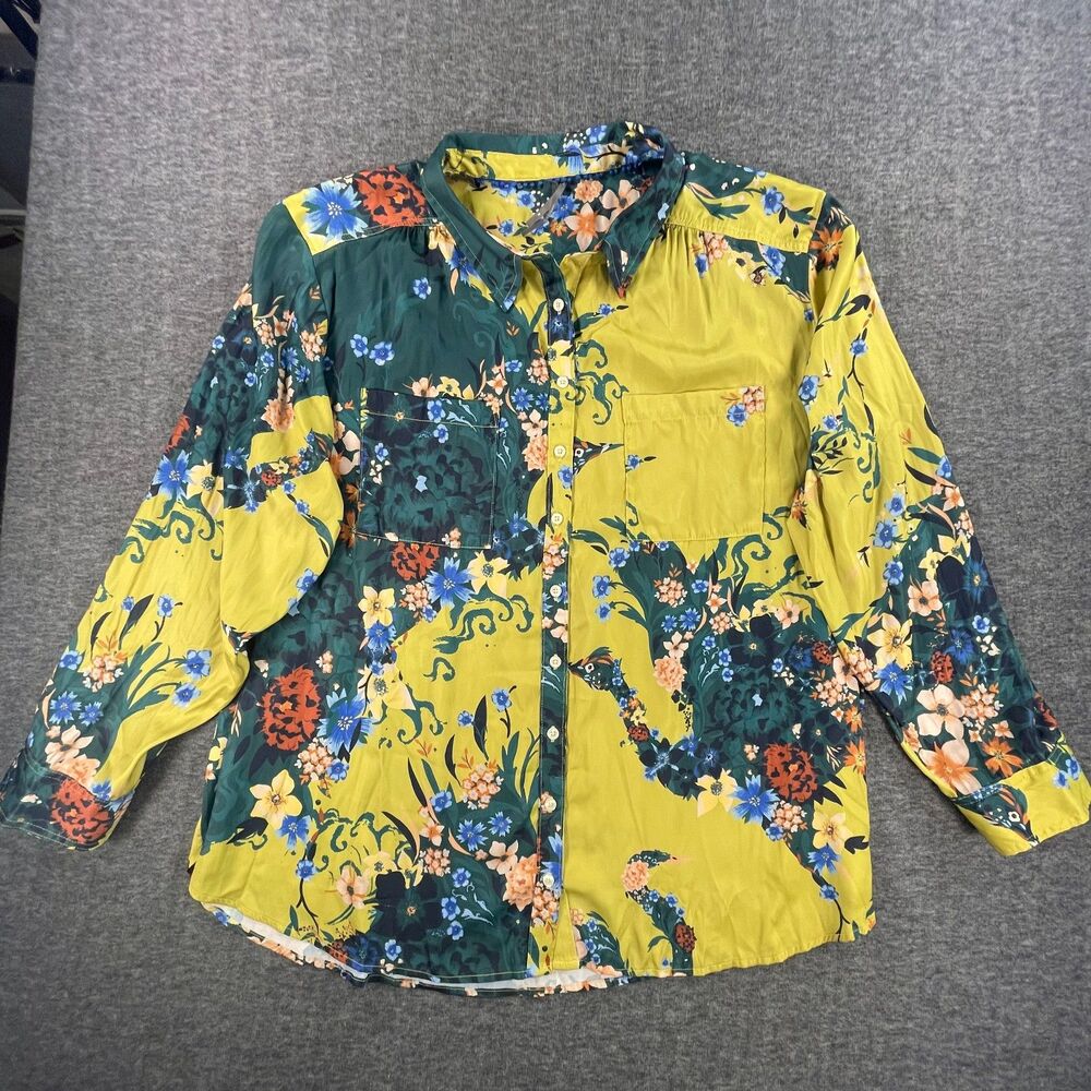 Anthropologie Floral Patchwork Blouse 3X Yellow Green Colorblock Button Shirt - Picture 5 of 12